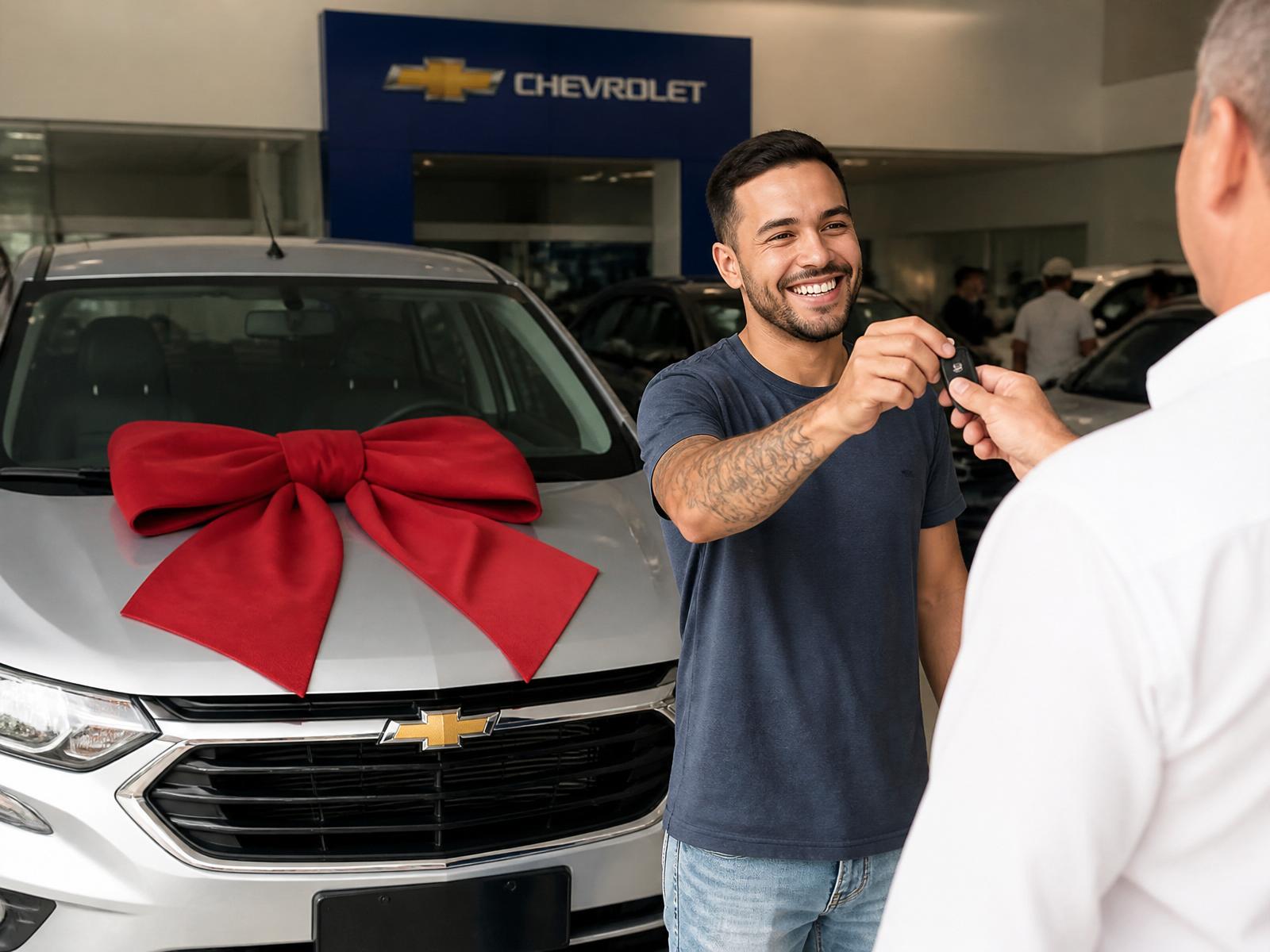Motorista feliz recebendo as chaves de um carro novo
